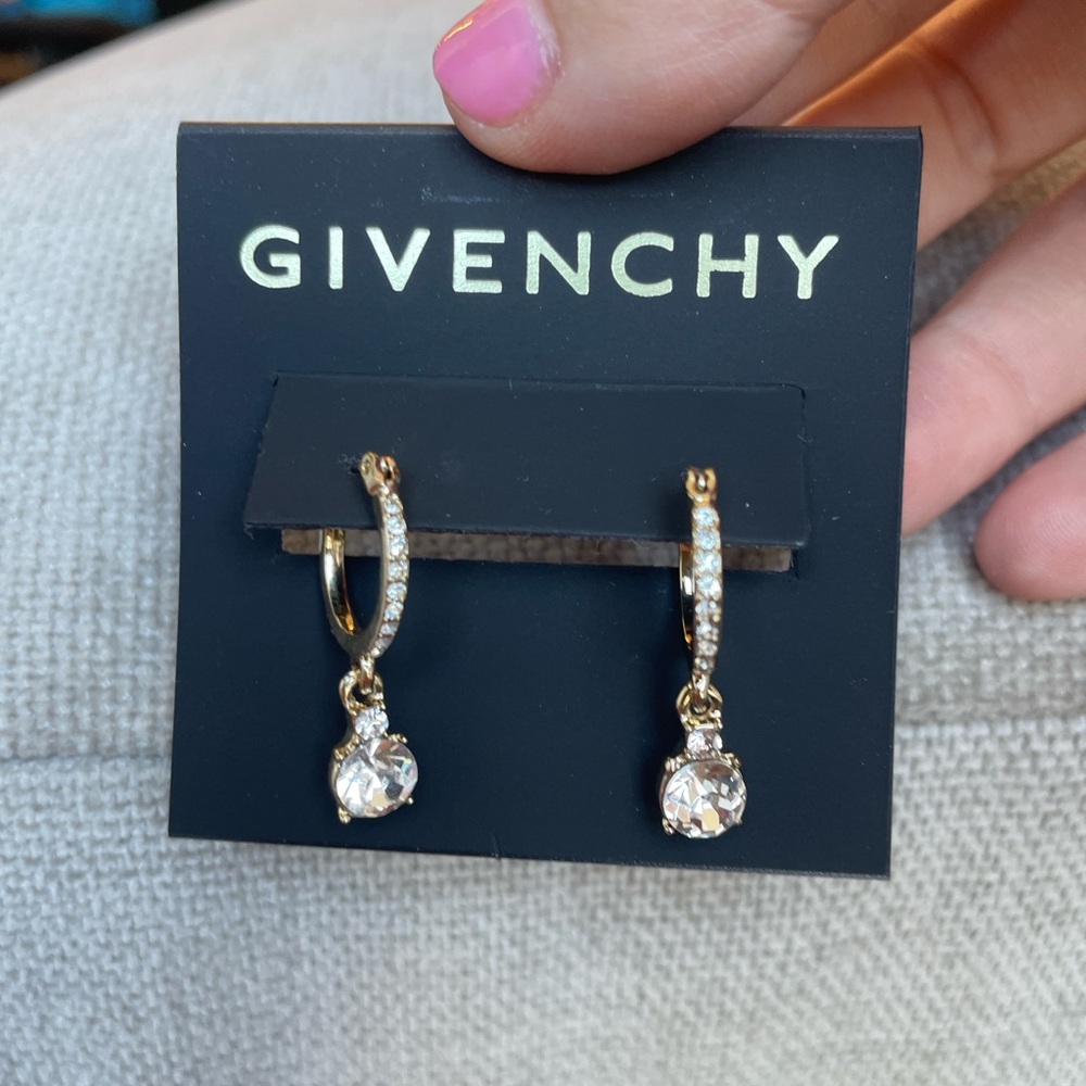 Givenchy Gold Crystal Earrings, huggie hoop earrings, crystal drop